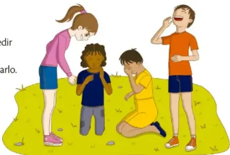 Ilustración de cuatro estudiantes (una niña de camisa rosa, un niño de camiseta azul, un niño de amarillo arrodillado y un niño de naranja riendo) reunidos sobre un pasto verde, conversando y trabajando de forma colaborativa. Crédito: Nathalia Colmar, Ciudad de México.