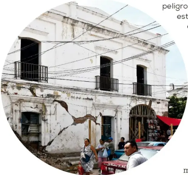 Fotografía de un edificio blanco dañado, con grietas y escombros en la calle, personas caminando entre los restos; ilustra los daños de un sismo.