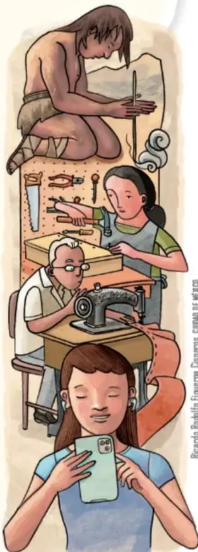 Ilustración vertical con cuatro escenas históricas: un hombre primitivo tallando piedra, una persona usando herramientas de carpintería, una persona cosiendo con máquina de coser y una joven usando un teléfono inteligente. Muestra la evolución de la tecnología.