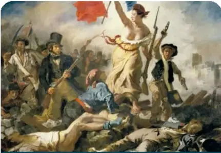 Pintura de la Revolución Francesa con figuras alzando banderas.