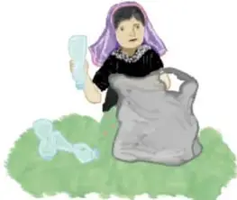 Dibujo de una persona recogiendo basura con una bolsa y una botella de agua, representando acciones de cuidado del ambiente. Obra de Fátima Sandra Rubiales Sánchez, Estado de México.