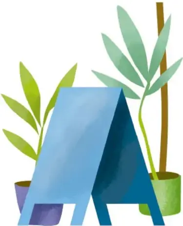 Ilustración de un caballete azul con plantas en macetas morada y verde, sobre fondo blanco.