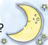 Ilustración de una luna creciente amarilla con ojos y boca, rodeada de estrellas.
