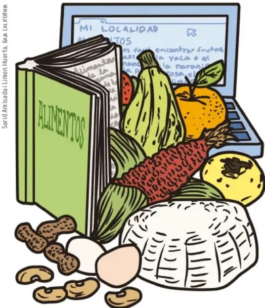 Ilustración de un libro llamado ALIMENTOS junto a una computadora con la pantalla 'MI LOCALIDAD ALIMENTOS', acompañada de garbanzos, manzana, mazorca de maíz, huevo y queso.
