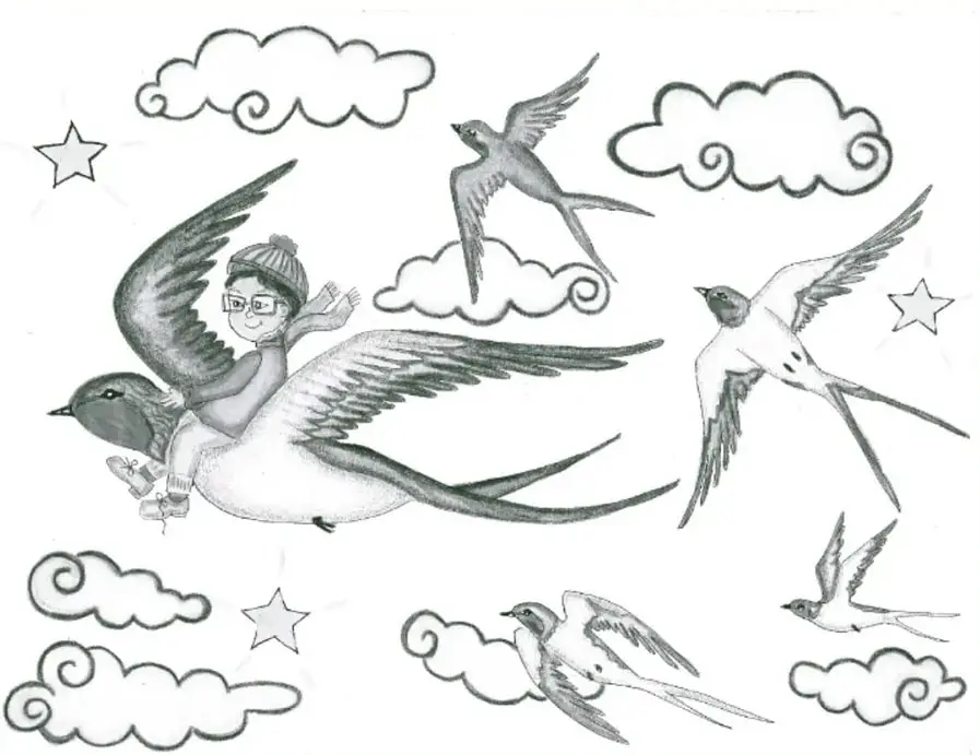 Ilustración en blanco y negro de una niña con gorro y lentes volando sobre una golondrina grande, acompañada de otras golondrinas, nubes y estrellas.