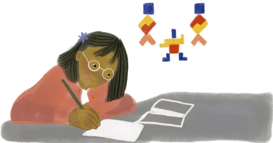 Una estudiante escribe en su cuaderno y sobre ella hay figuras geométricas de colores que representan personas.