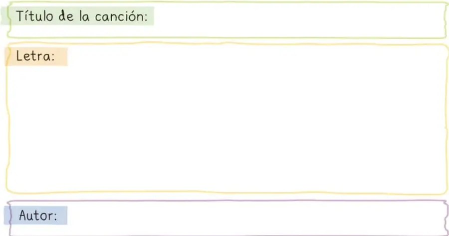 Tres recuadros para llenar: "Título de la canción:", "Letra:" (recuadro grande) y "Autor:".