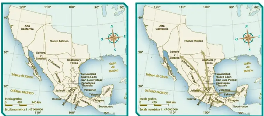 Mapa de México con la organización federalista, mostrando estados como Alta California, Nuevo México, Sonora y Sinaloa, etc.