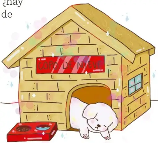 Ilustración de una casita de madera para perro con la leyenda 'FOR DOG ONLY' (solo para perro), un perrito blanco dormido dentro, comederos con comida y agua, y destellos; autoría de Cristy Ailed Reyes Espinosa, Zacatecas.