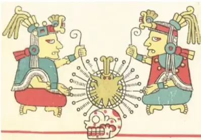 Imagen de códice mexica: dos deidades sentadas en posición frontal con tocados y penachos, frente a un disco solar radiante con glifos, representando probablemente a dioses asociados al sol.