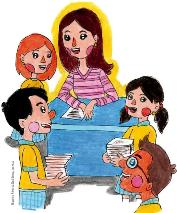 Ilustración de una maestra con cuatro estudiantes alrededor de un escritorio; los niños sostienen hojas y cuadernos, representando el trabajo en comunidad escolar.