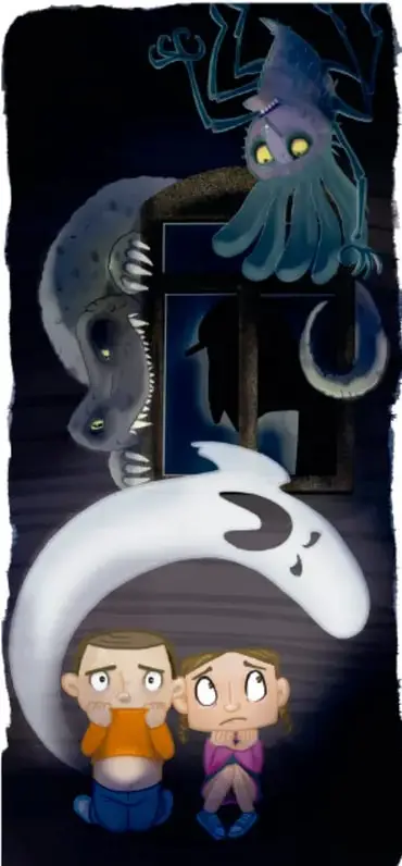 Ilustración nocturna: alrededor de una ventana oscura asoman un monstruo pulpo morado con muchos ojos y brazos, una criatura dentuda gris con ojos amarillos, un vampiro con capa y luna creciente; abajo, un fantasma blanco sonriente abraza a dos niños sentados (un niño con suéter naranja y una niña con chamarra rosa) que miran asustados.
