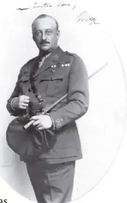 Retrato de Miguel Primo de Rivera con uniforme militar y bastón.