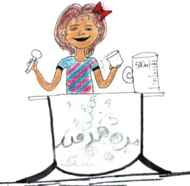 Ilustración de una niña haciendo el experimento, con una jarra grande de mezcla, un vaso de 500 mL y un embudo.