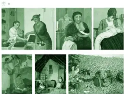 Pliego ilustrativo (p. 41) con siete pinturas en tinta verde del libro: escenas rurales y familiares con madres e hijos, una mujer en el mercado, una casa de adobe y campesinos cosechando maíz.