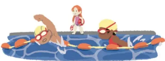 Ilustración de dos niños nadando en una alberca con líneas de paneles flotadores, mientras otra niña los observa desde el borde.