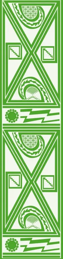 Banda vertical verde con un patrón geométrico indígena repetido: triángulos, escalinatas, círculos dentados y rayos en estilo mesoamericano, en dos repeticiones idénticas.