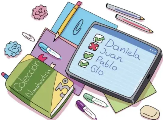 Ilustración con materiales escolares: tableta con lista de nombres (Daniela, Juan, Pablo, Glo) y palomitas/cruces, libros (Colección Nanahuatzin), lápices, gomas y silbato, que representa la asignación de roles en la investigación. Crédito: Juan Pablo Dorantes Pineda, Ciudad de México.