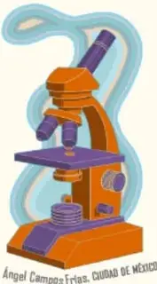 Ilustración de un microscopio óptico sobre una base naranja, con la leyenda 'Angel Campos Frías, CIUDAD DE MÉXICO'.