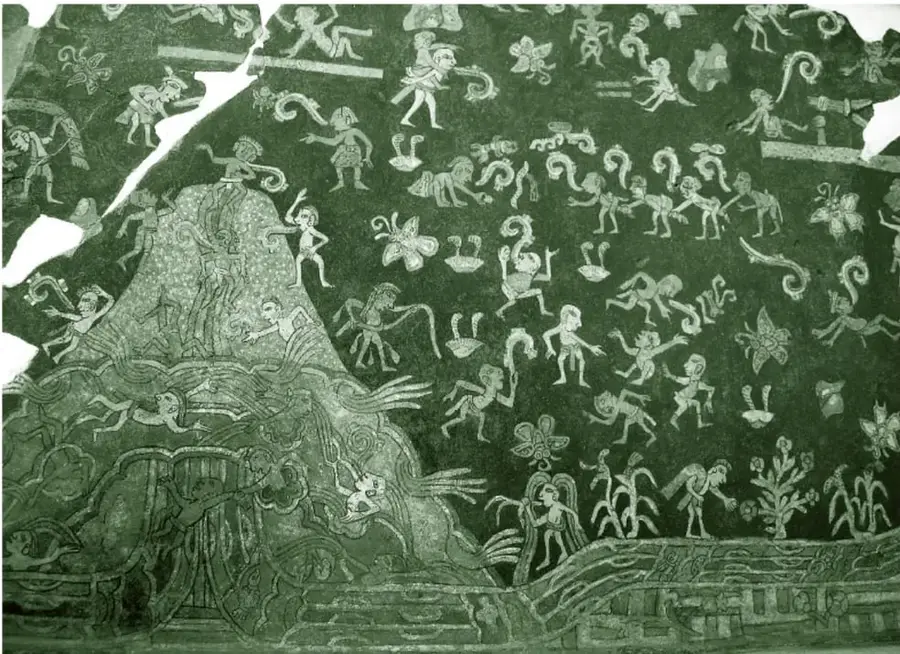Reproducción de un mural de tradición mesoamericana (estilo códice) en tonos verdes: una gran montaña o serpiente emplumada de cuyo vientre emergen personas, rodeada de decenas de figuras humanas pequeñas en movimiento, plantas de maíz, flores, mariposas y aves; la pieza aparece fragmentada con bordes irregulares, como arqueología pictórica.
