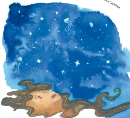 Acuarela del abismo marino oscuro con puntos de luz como estrellas, una medusa y el rostro de Mirna mirando hacia arriba; a su derecha, otra Mirna con expresión de susto que busca en su bolso rojo.