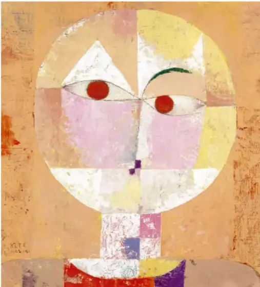 Pintura Senecio (pronto anciano), 1922, de Paul Klee: rostro circular de franjas anaranjadas, amarillas, rosas y blancas, con ojos almendrados de pupila roja, ceja verde, pequeñas boca y nariz, y cuerpo de cuadros de colores sobre fondo ocre.