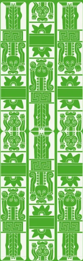 Franja verde con tres columnas de figuras estilizadas de estilo prehispánico/mesoamericano: personajes, motivos geométricos y florales en blanco sobre fondo verde, tres tótems decorativos.