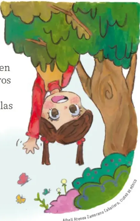 Ilustración de una niña colgada de una rama de árbol, con mariposas y arbustos, estilo acuarela infantil, firmada por Aiheli Arévalo Zamorano Caballero, Ciclo Básico Kónde.