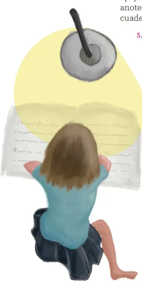 Ilustración de una niña arrodillada escribiendo en un cuaderno bajo el haz de una lámpara; al pie, crédito a Germán Eduardo Colótic Sánchez Torres, Ciudad de México.