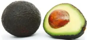 Fotografías de las nueve variedades de aguacate: Hass (uno entero oscuro y uno partido con hueso), Zutano (partido con pulpa clara), Lamb Hass (colgando del árbol, morado), Reed (partido, redondo con hueso), Bacon (verde pera brillante), Pinkerton (alargado), Fuerte (dos verdes en forma de pera), Criollo (partido, pequeño) y Nabal (partido, casi redondo).