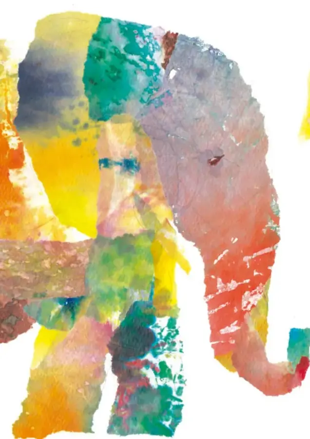 Ilustración de un elefante pintado con acuarelas de colores vivos (amarillo, verde, azul, rojo), sobre fondo blanco.