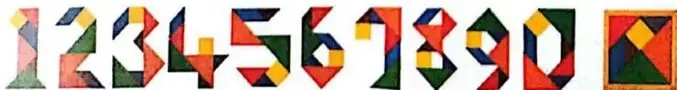 Ejemplos coloridos de los números del cero al nueve construidos con piezas de tangram.