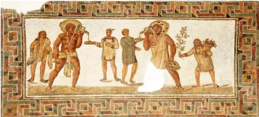 Mosaico romano que muestra a varios personajes, algunos con ramas de olivo y objetos, posiblemente representando escenas de la vida cotidiana o rituales.