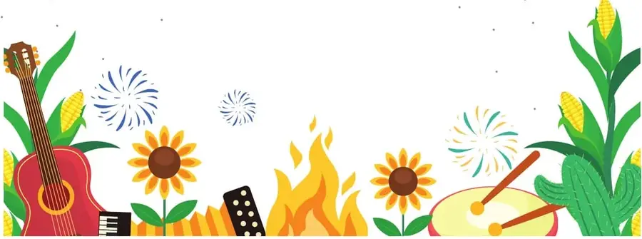 Ilustración decorativa con elementos de celebraciones del mundo: guitarra, maíz, girasoles, acordeón, fogata, fuegos artificiales, tambor y cactus.
