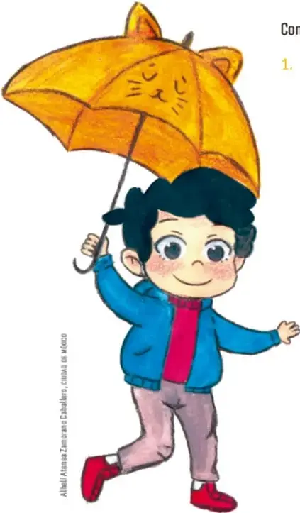 Ilustración de un niño con chamarra azul sosteniendo un paraguas amarillo con forma de gato.