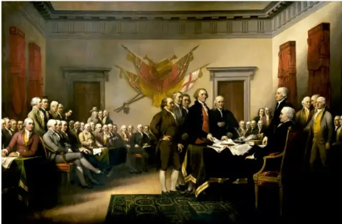 Pintura histórica que representa la firma de la Declaración de Independencia de los Estados Unidos, con los padres fundadores reunidos en un salón.
