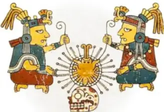 Códice ilustrado con dos figuras sentadas vestidas con atavíos mexicas, flanqueando un glifo solar con calavera.