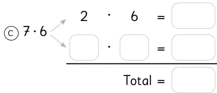 Cuatro esquemas de descomposición con flechas que separan el primer factor en dos sumandos.