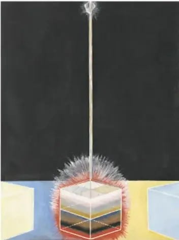 Obra abstracta con un cubo radiante y un haz de luz vertical sobre fondo oscuro; abajo, campos de color amarillo, azul y rojo. Corresponde a La paloma, núm. 2, 1915, de Hilma af Klint.