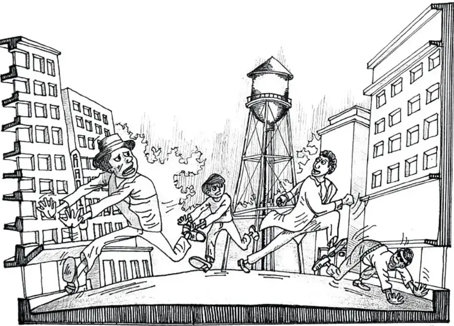 Ilustración en blanco y negro que muestra a varias personas corriendo asustadas por una calle urbana. A la izquierda y derecha hay edificios. Al centro, un tanque de agua elevado sobre una estructura metálica. Un hombre dispara contra el tanque, mientras otros huyen. La escena representa el pánico en Grover's Mill descrito en el texto. Crédito: Luis Antonio Moreno Aguayo, MAYAHIT.