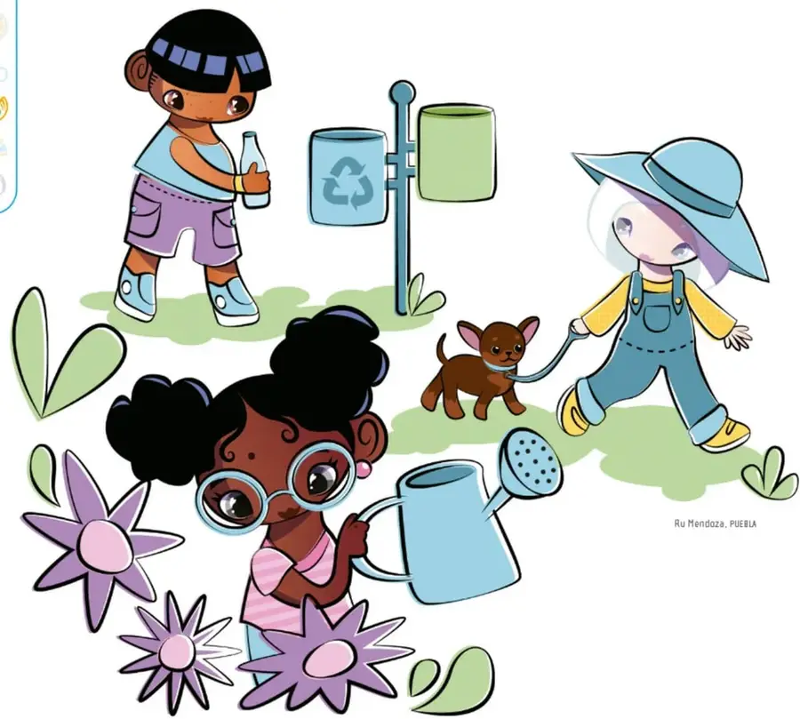 Ilustración de tres niños realizando acciones responsables: una niña de Lisu y shorts morados depositando una botella en un contenedor de reciclaje azul con símbolo de reciclaje junto a otro contenedor verde; un niño con sombrero y peto azul paseando con correa a un perrito café tipo chihuahua; una niña afrodescendiente con lentes regando flores moradas con una regadera azul. Crédito: Ru Mendoza, PUEBLA.