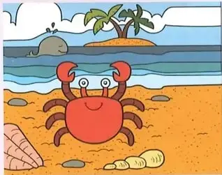 Dos ilustraciones de una playa con un cangrejo para encontrar cinco diferencias.