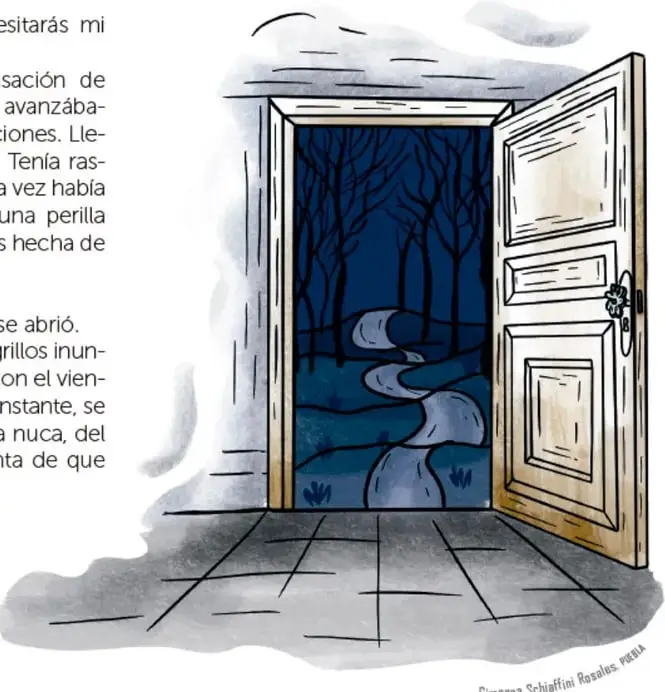 Ilustración de una puerta abierta que da a un bosque nocturno con un sendero y árboles azules; al pie, firma de Gimenna Schaffini Rosales.