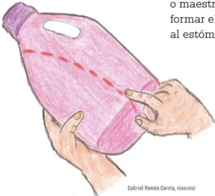 Manos sosteniendo una botella rosa de detergente con una línea diagonal punteada marcada para cortarla y formar el hígado.