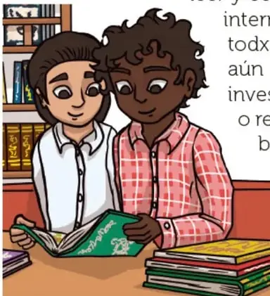 Ilustración de dos niñas sentadas leyendo un libro juntas, con una pila de libros sobre la mesa y estantes de biblioteca al fondo. Crédito: Sarid Amisadai Limon Huerta, Baja California.