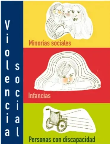 Ilustración titulada 'Violencia social' con tres recuadros: minorías sociales (rostros superpuestos), infancias (rostro infantil) y personas con discapacidad (silla de ruedas). Nidia Alejandra Hernández Hernández, Ciudad de México.