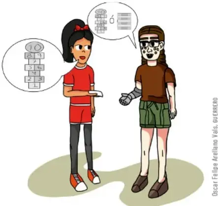 Dos niñas conversando: una de cabello negro con moño rojo y ropa deportiva roja, y otra con lentes, playera café y shorts verdes con un yeso en el brazo izquierdo; en sus globos de diálogo se dibuja el tablero del avión con sus casillas numeradas. Crédito: Óscar Felipe Arellano Vals, GUERRERO.