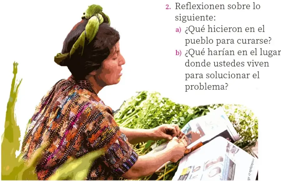 Fotografía de una mujer indígena con huipil bordado y rebozo verde, trabajando con plantas y revisando imágenes o documentos, en un entorno con vegetación.