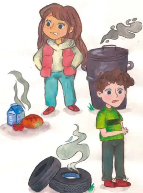Ilustración de una niña y un niño junto a una coladera y llantas humeantes, con desechos como una caja de leche y una fruta, representando la contaminación del aire.