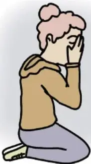 Ilustración de una persona joven sentada en el suelo con las manos en la cara, expresión de preocupación.
